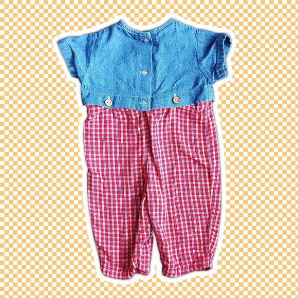 VTG Baby One Piece Outfit Denim Top with Plaid Pants Embroidered Bear Sz 3-6M - Picture 2 of 9